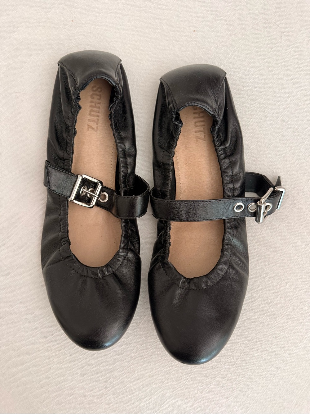 SCHUTZ Black Leather Buckle Mary Jane Flats